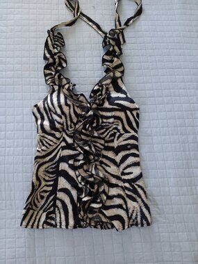 Y2K EARLY 2000s Zebra Ruffle Halter Top